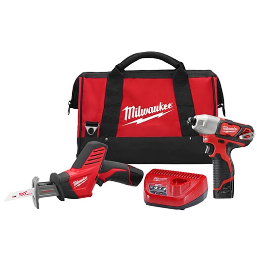 Milwaukee® M12™ 2491-22 Cordless Combination Kit, Tools: Impact Driver/Reciprocating Saw, 12 VDC, 1.5 Ah Lithium-Ion, 1/4 in Hex Shank, 850 in-lb Impact Driver, 5.2 in L x 19.2 in W x 10.83 in H